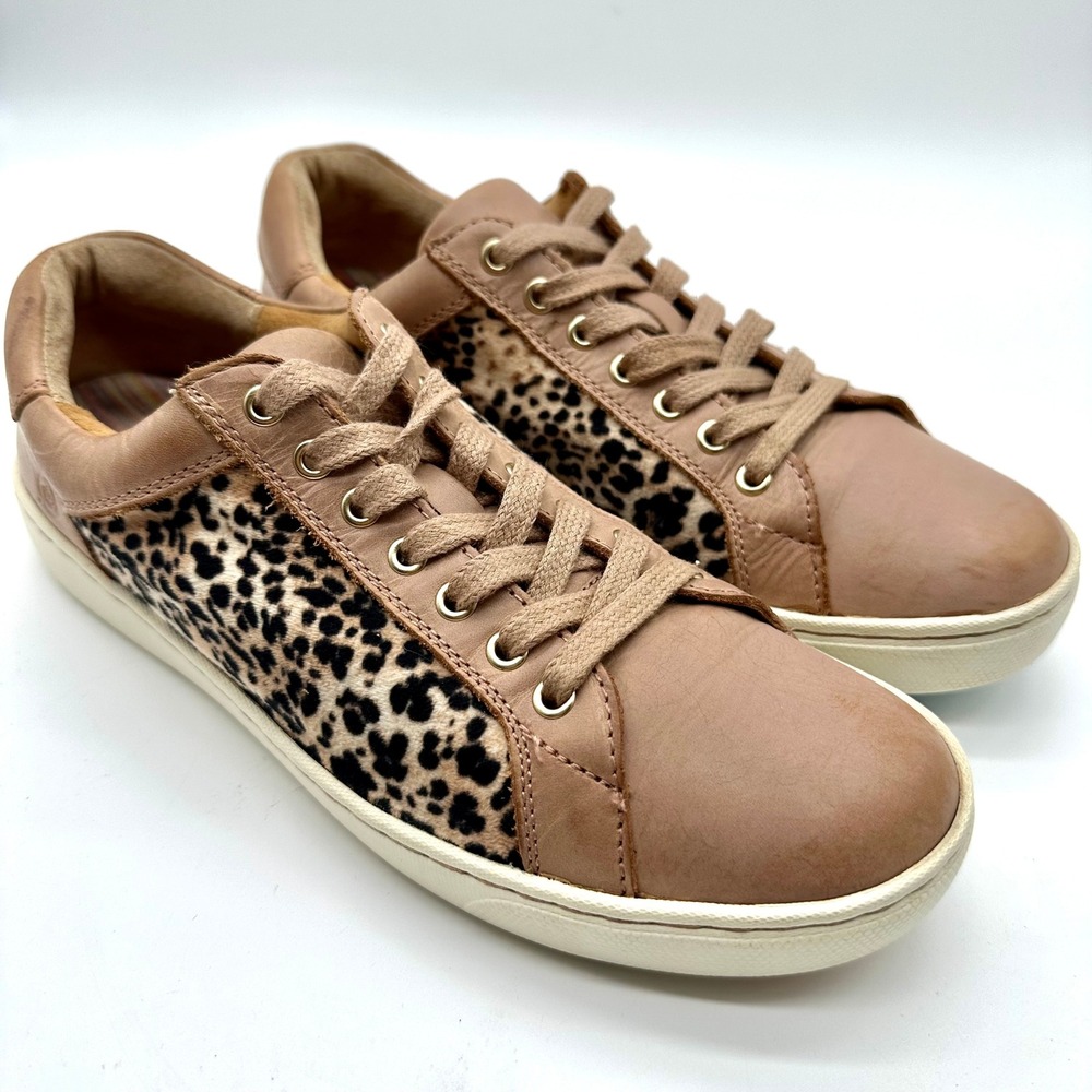 Born Womens Sur Dusty Pink Leather/Leopard Print Lace Up Sneakers 9M